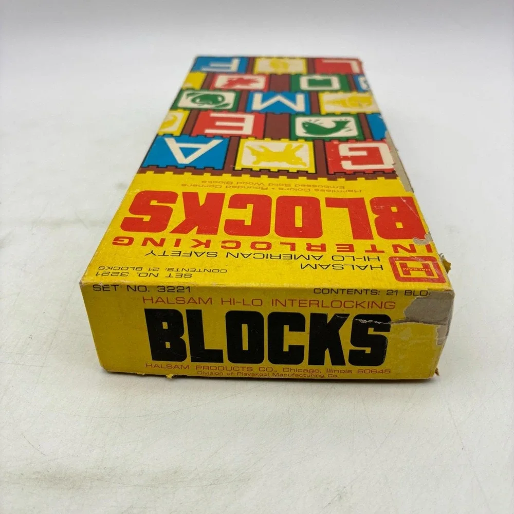 VINTAGE Halsam Hi Lo Interlocking Blocks COMPLETE 21 Wood Blocks Set no 3221